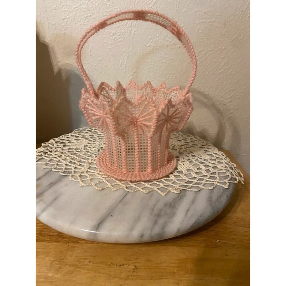 Vintage Handmade Plastic Canvas Basket – Pink Yarn Easter Spring Centerpiece